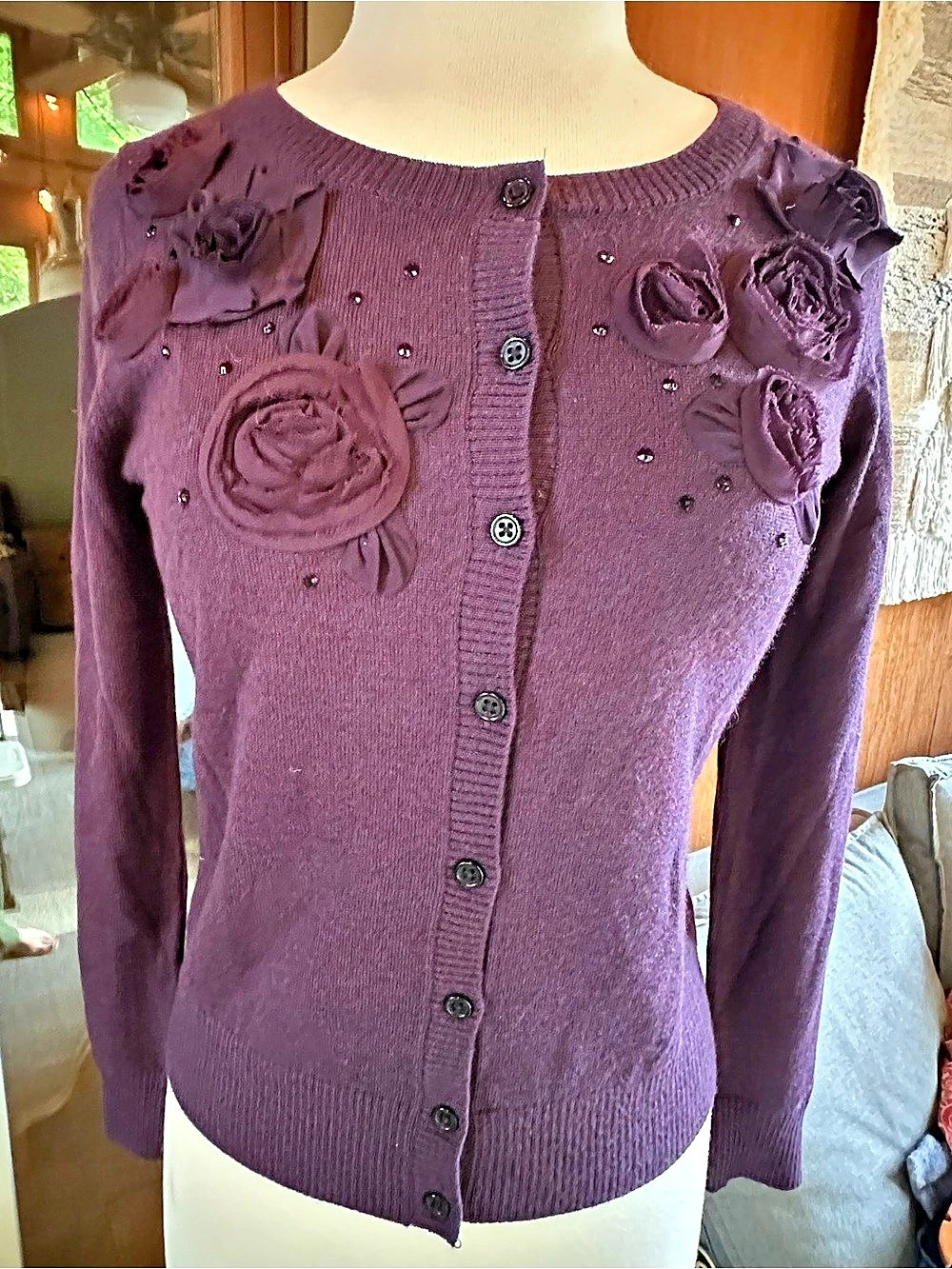 Banana Republic Floral Embellished Merino Wool Cardigan Size Medium
